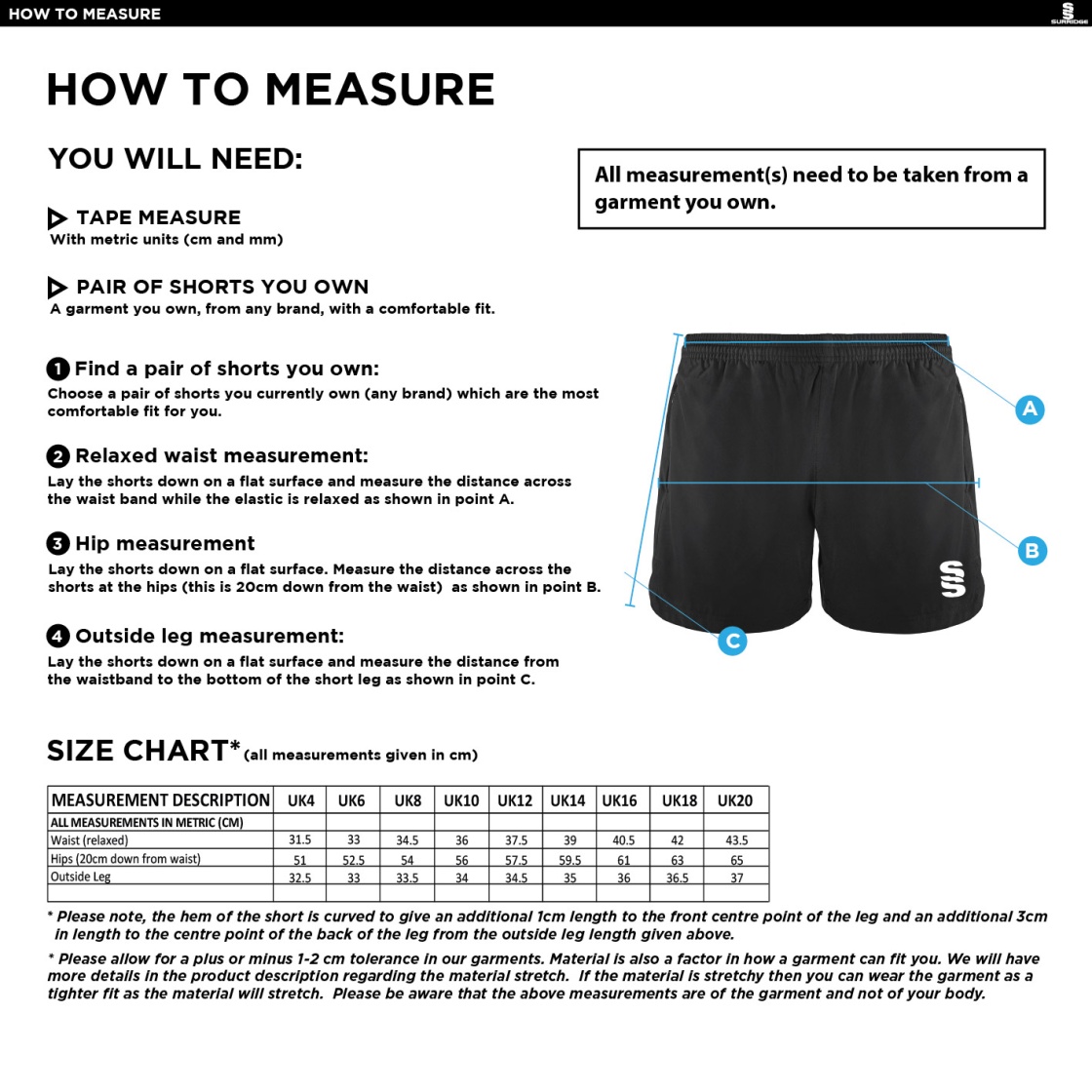 Rounders England - Performance Gym Short - Women's Fit - Size Guide