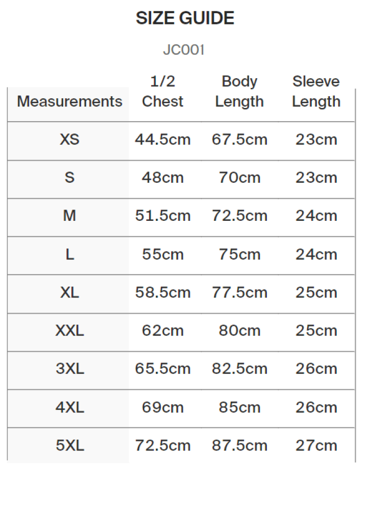 JC001 - Black - Size Guide