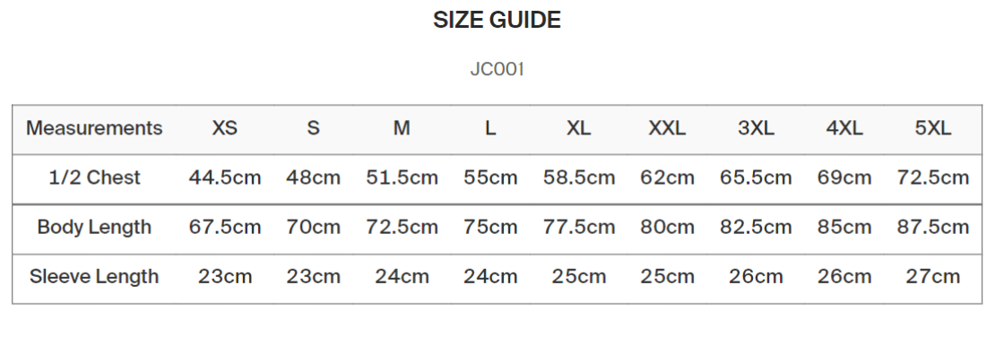 JC001 - Black - Size Guide