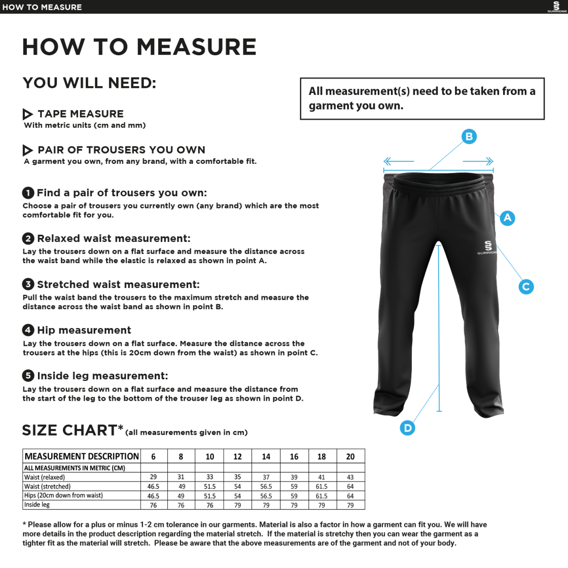 Rounders England - Poplin Track Pant With Lycra - Women's Fit - Size Guide
