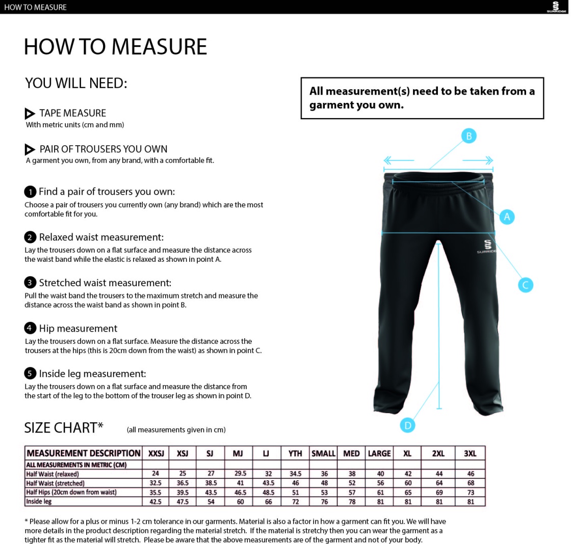 Rounders England - Poplin Track Pant With Lycra - Unisex Fit - Size Guide