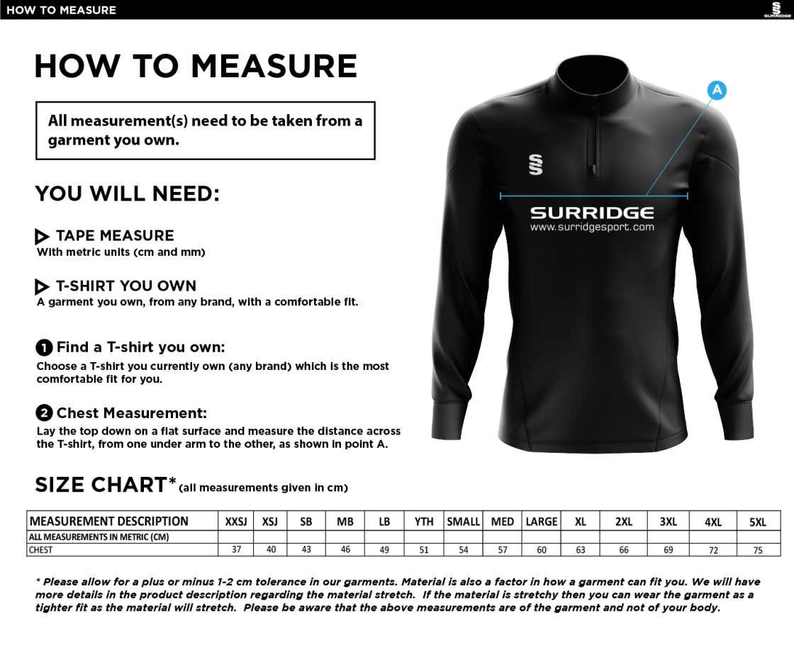 Midlands - 1/4 Zip Dual Performance Top - Unisex Fit - Size Guide