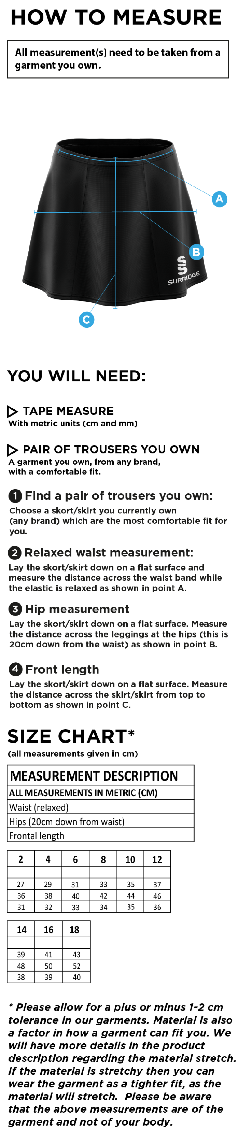 Rounders England - SKORT - Size Guide