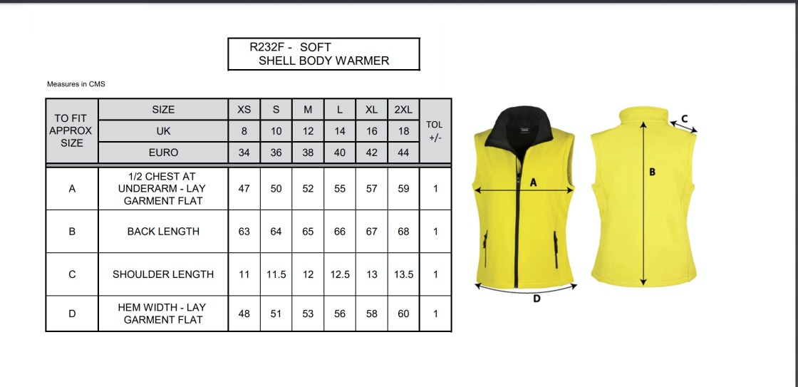 Core Printable Softshell Gilet Female: Navy/Royal - Size Guide