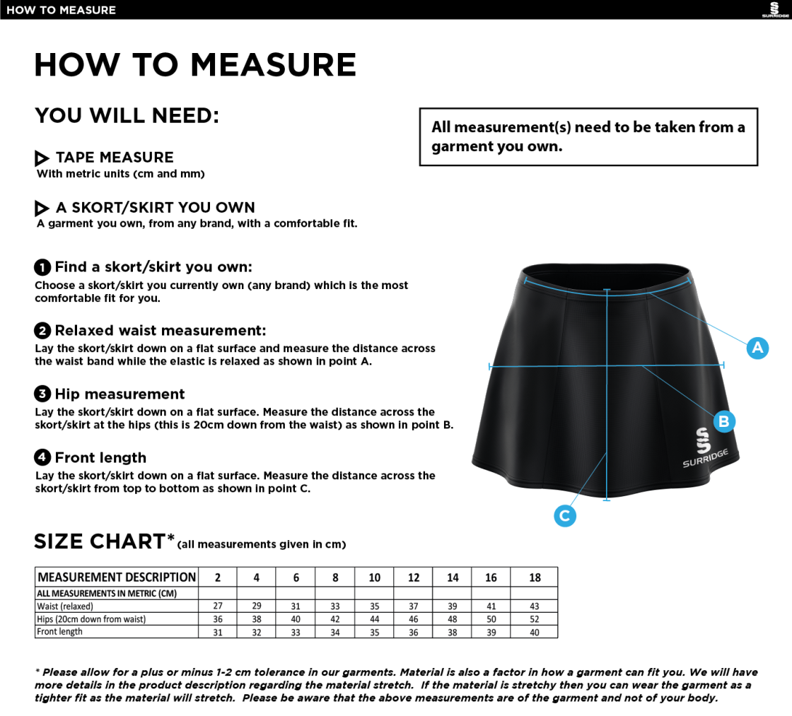 Rounders England - SKORT - Size Guide