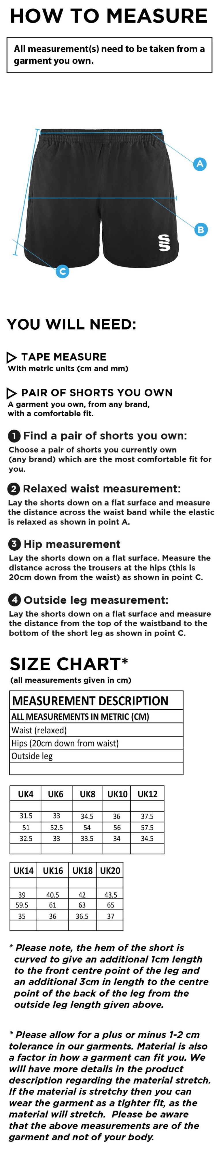 Rounders England - Performance Gym Short - Women's Fit - Size Guide