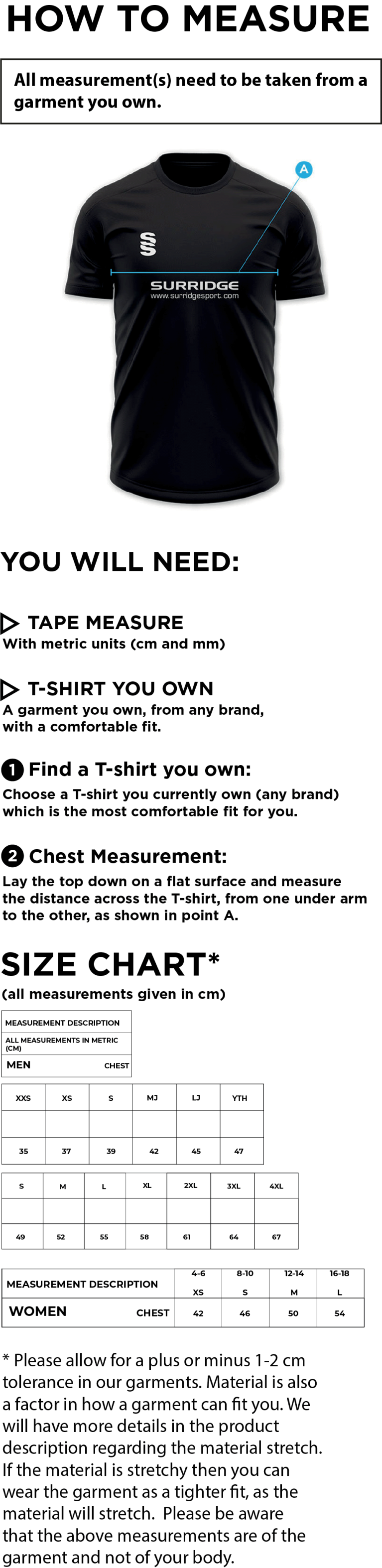 North West Regional Hub Top - Size Guide