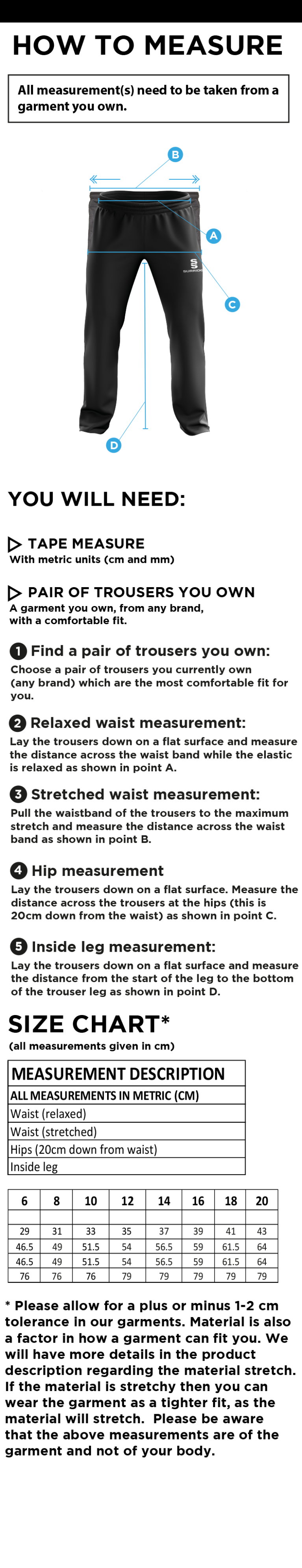 Rounders England - Poplin Track Pant With Lycra - Women's Fit - Size Guide